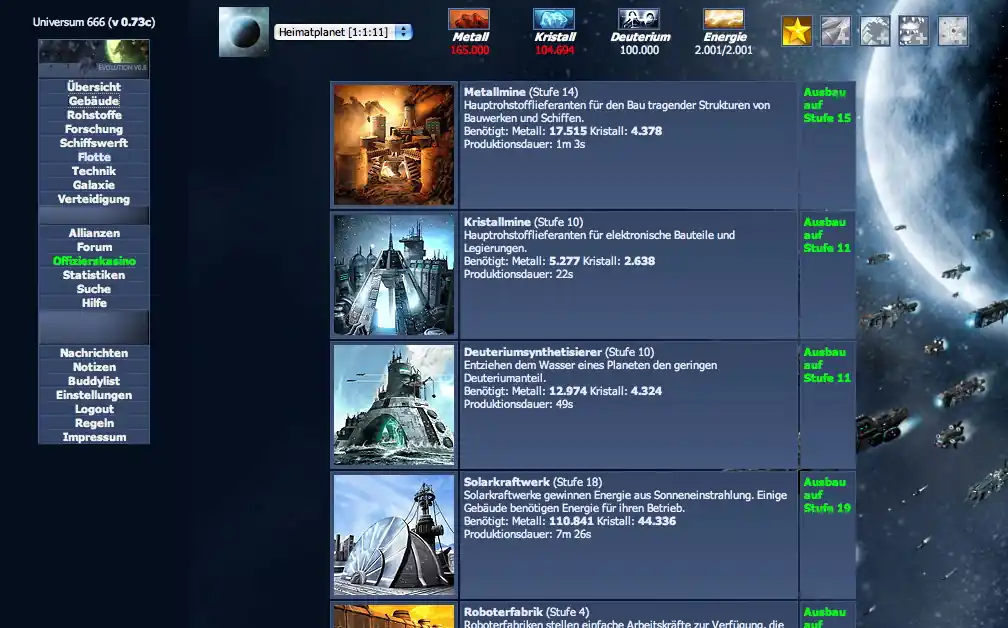 the buildings page where miner type players would build their economy