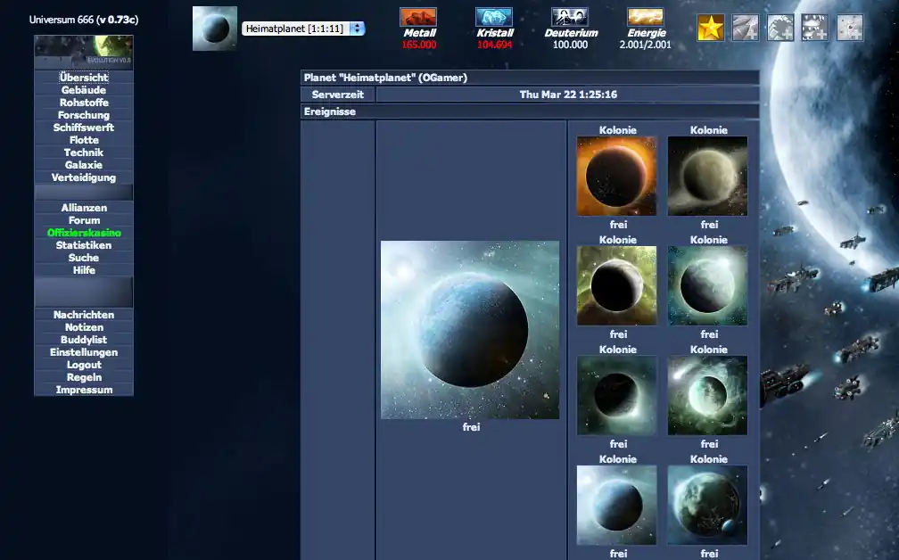 an overview page of a space empire consisting of a crude table based layout of multiple planets represented by simple images