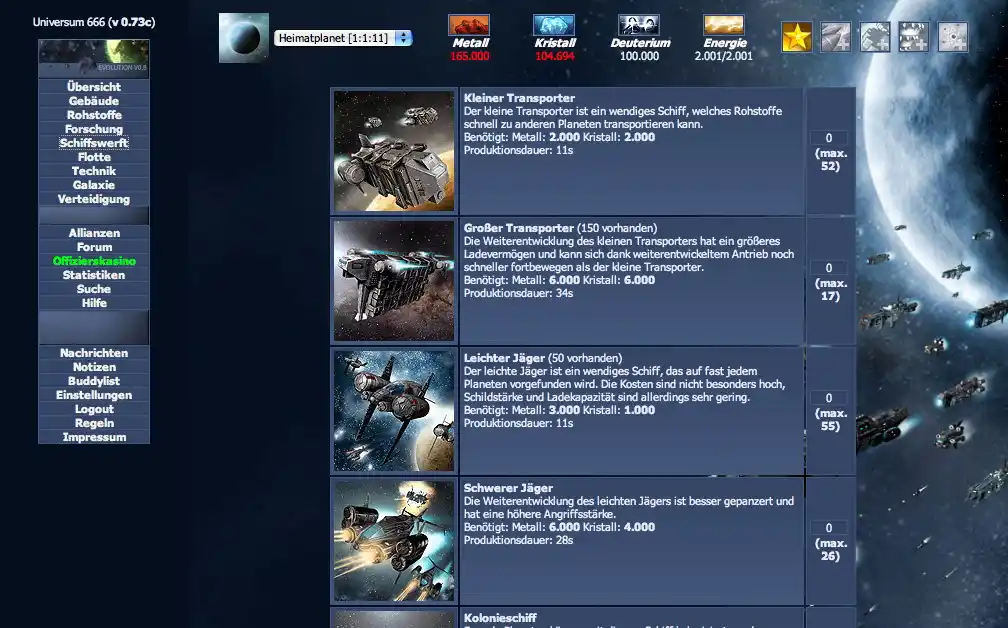 the shipyard page where fleeter type players would build their ships